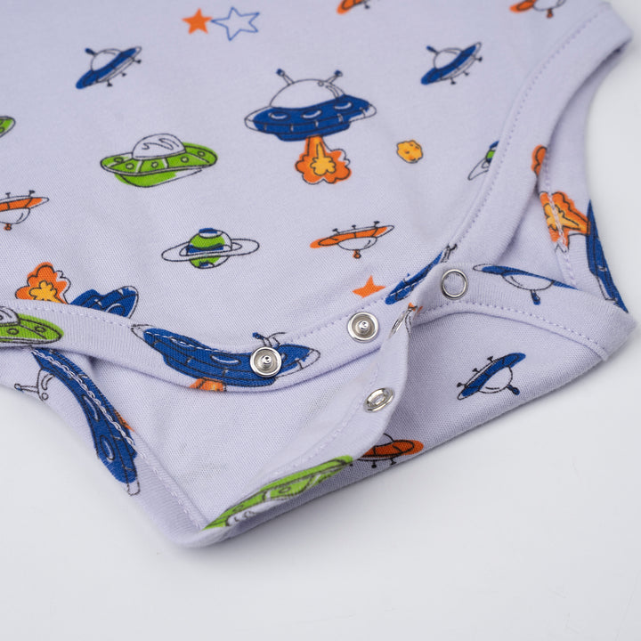 Poney Baby Boys Blue Little UFO Regular Fit Short Sleeve Bodysuits With Envelope Neck