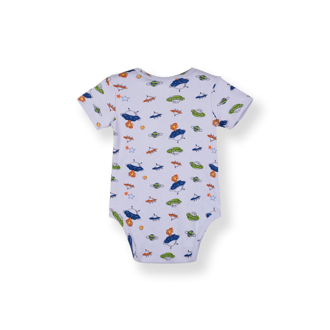 Poney Baby Boys Blue Little UFO Regular Fit Short Sleeve Bodysuits With Envelope Neck