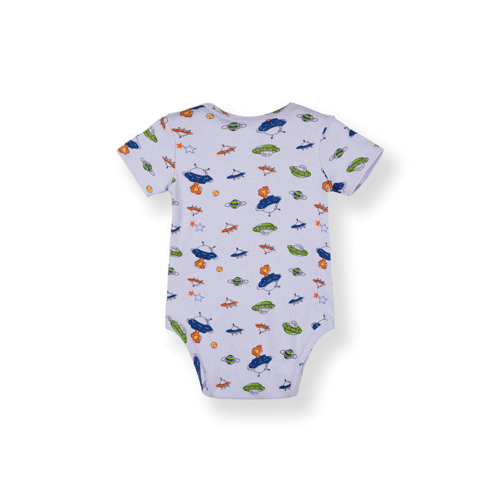 Poney Baby Boys Blue Little UFO Regular Fit Short Sleeve Bodysuits With Envelope Neck