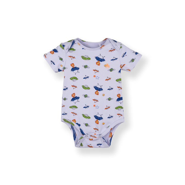 Poney Baby Boys Blue Little UFO Regular Fit Short Sleeve Bodysuits With Envelope Neck