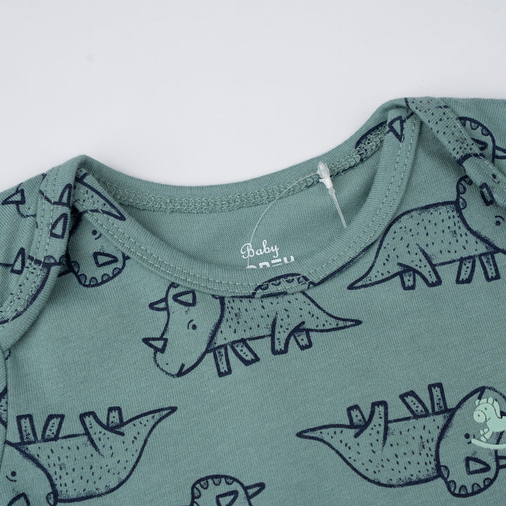Poney Baby Boys Green Mini-saurus Regular Fit Short Sleeve Bodysuits With Envelope Neck