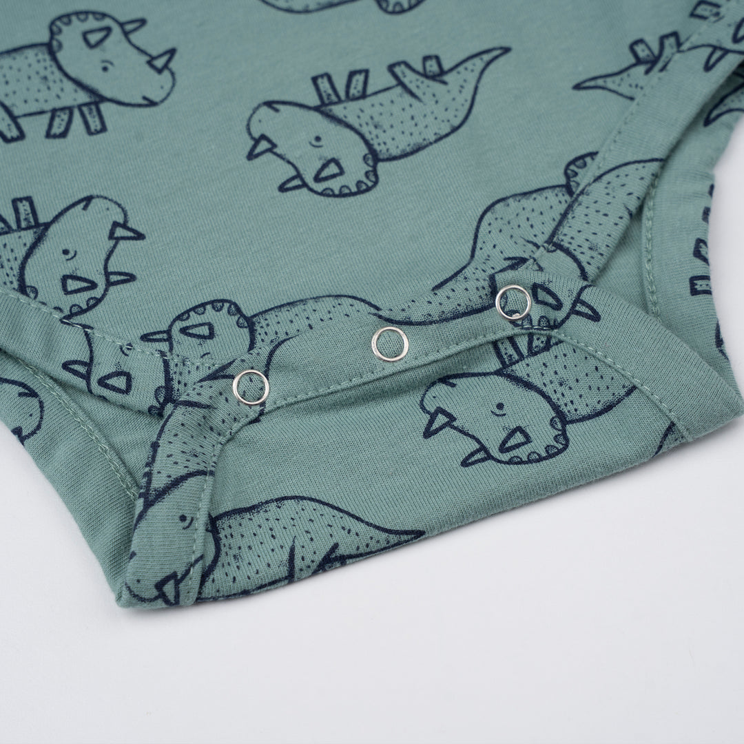Poney Baby Boys Green Mini-saurus Regular Fit Short Sleeve Bodysuits With Envelope Neck