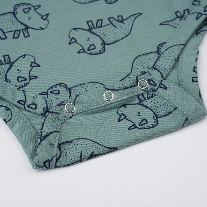 Poney Baby Boys Green Mini-saurus Regular Fit Short Sleeve Bodysuits With Envelope Neck