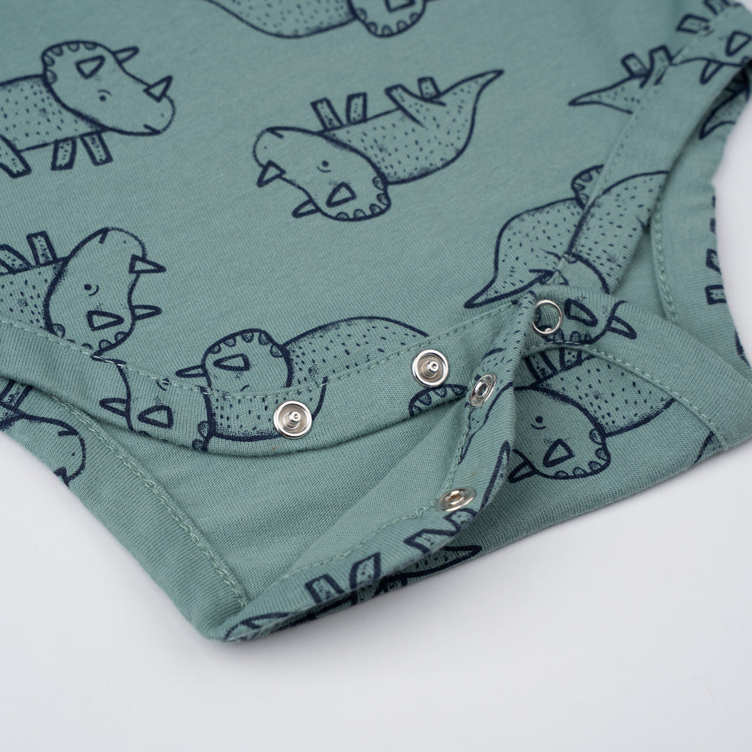 Poney Baby Boys Green Mini-saurus Regular Fit Short Sleeve Bodysuits With Envelope Neck