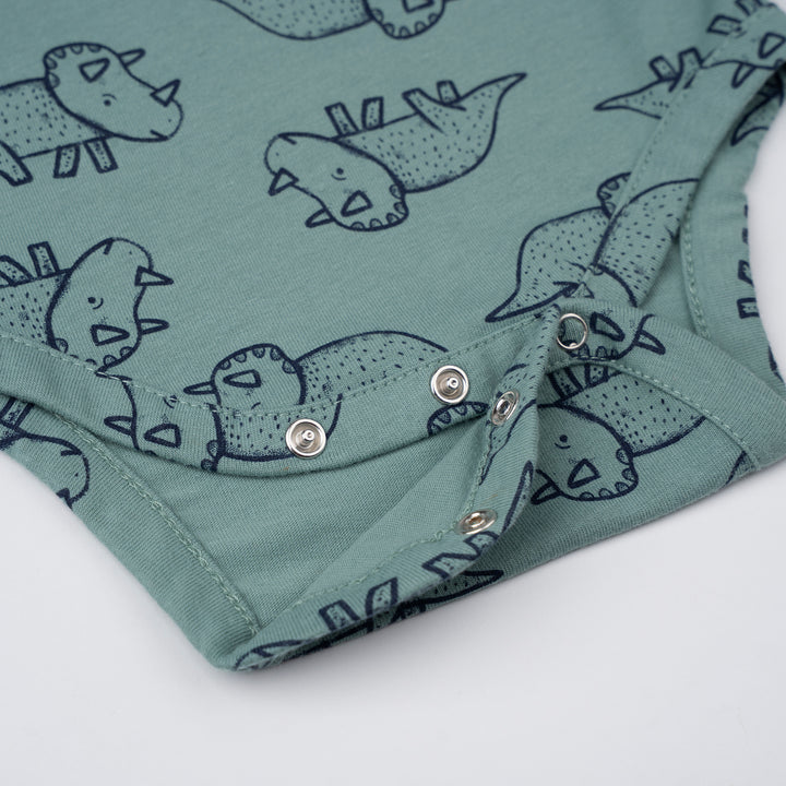 Poney Baby Boys Green Mini-saurus Regular Fit Short Sleeve Bodysuits With Envelope Neck