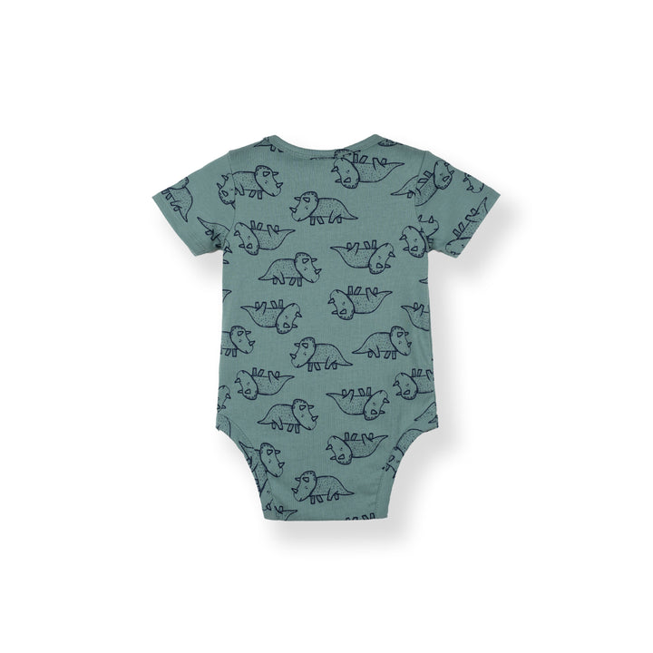 Poney Baby Boys Green Mini-saurus Regular Fit Short Sleeve Bodysuits With Envelope Neck
