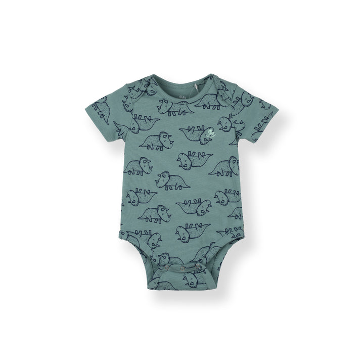 Poney Baby Boys Green Mini-saurus Regular Fit Short Sleeve Bodysuits With Envelope Neck