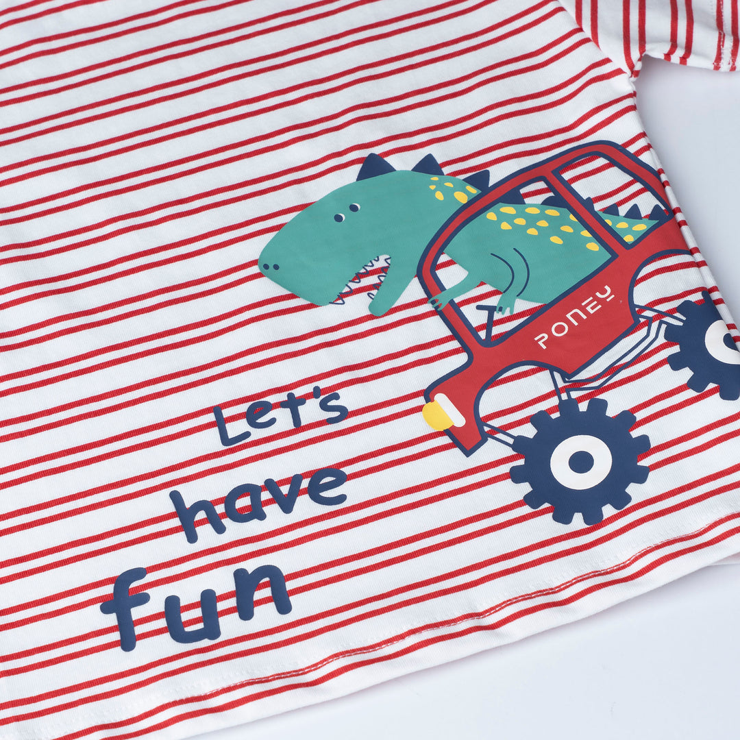 Red Stripe Dino Print Loose Fit Top and Long Pants Set