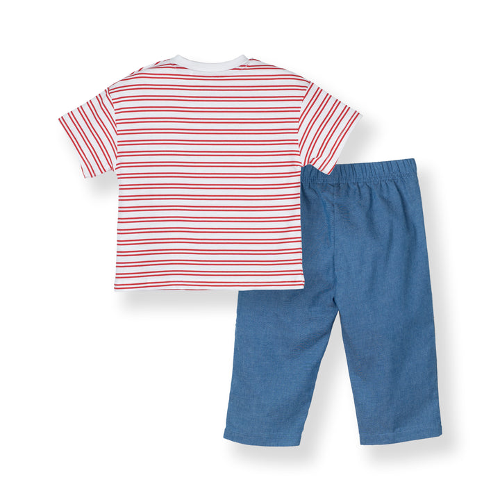 Red Stripe Dino Print Loose Fit Top and Long Pants Set