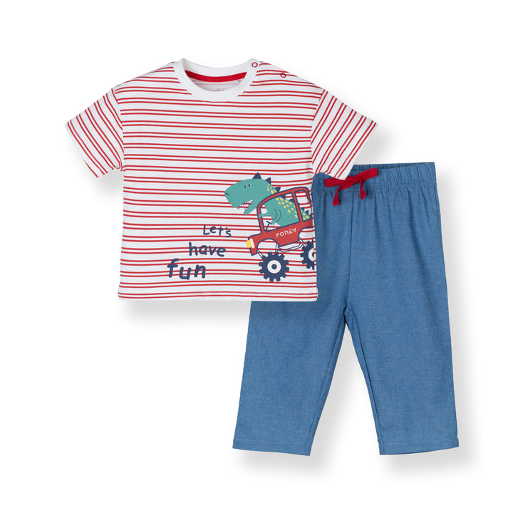 Red Stripe Dino Print Loose Fit Top and Long Pants Set