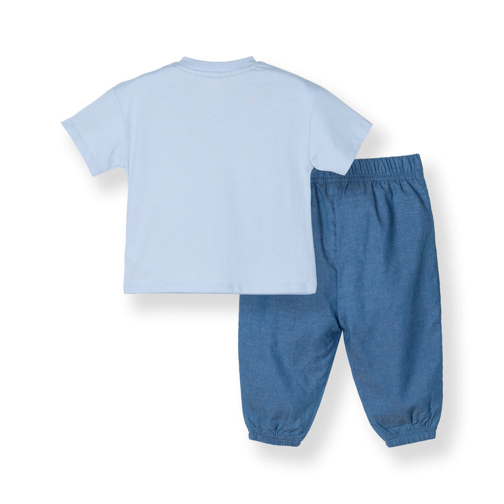 Chambray Dino Print Short Sleeves Top & Long Pants  Set