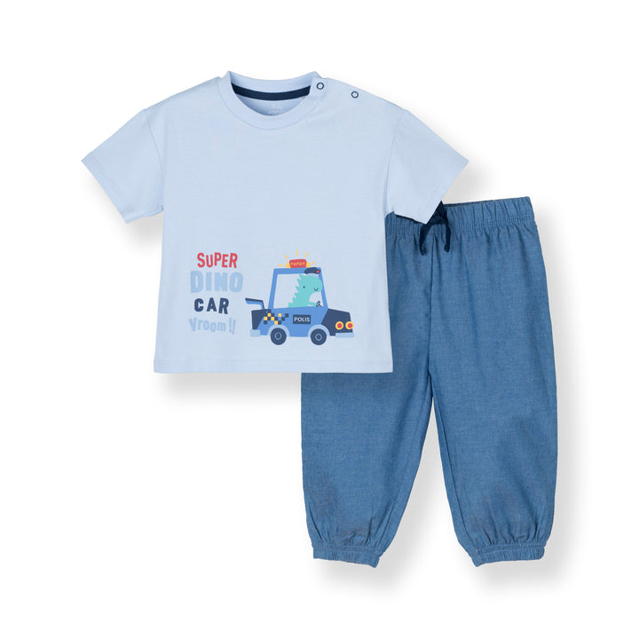 Chambray Dino Print Short Sleeves Top & Long Pants  Set