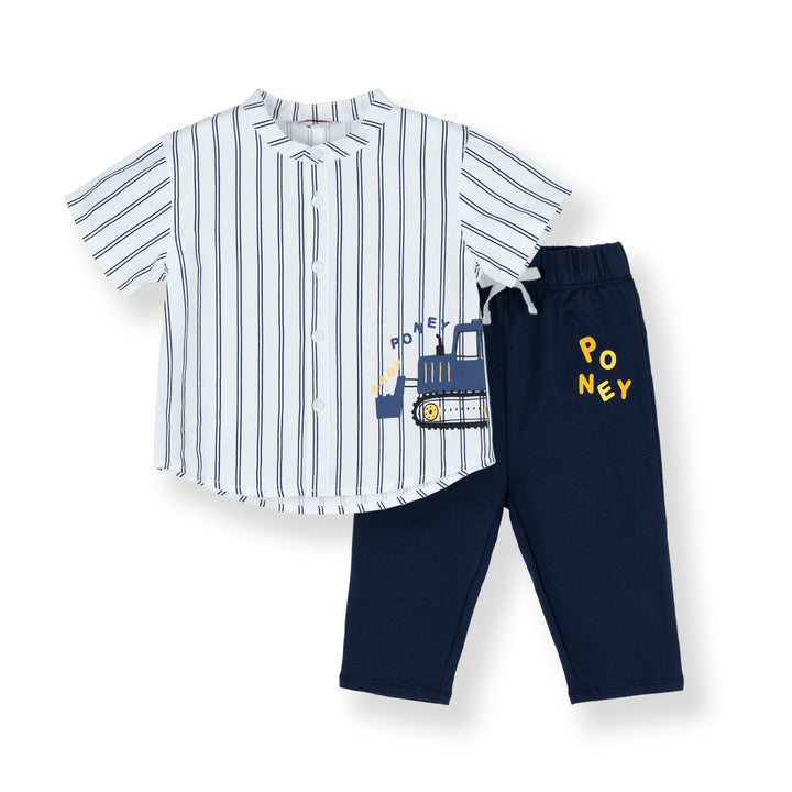 White Excavator Truck Print Short Sleeves Shirt and Long Pants Set