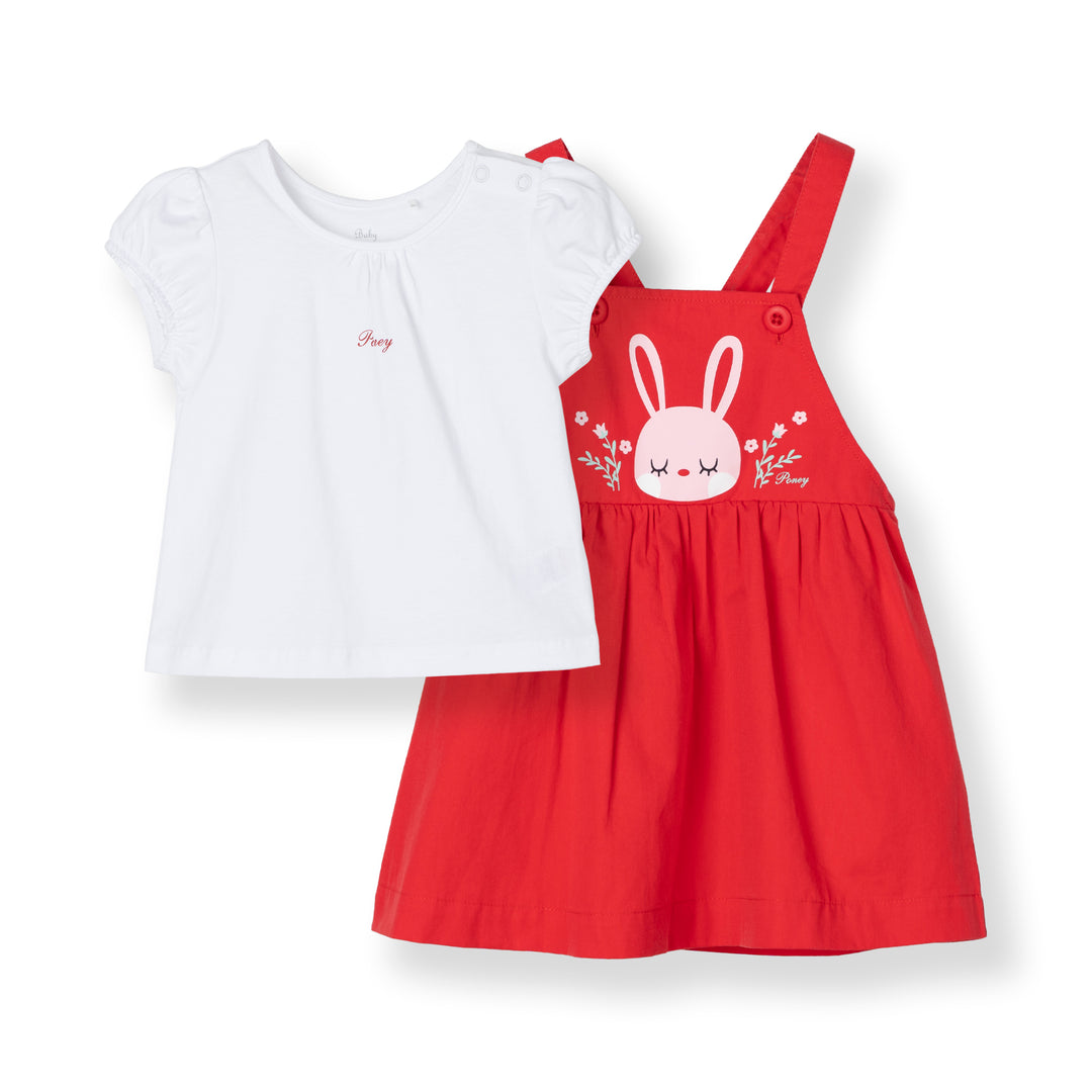White Short Sleeve Top and Bunny Print Dungaree Set
