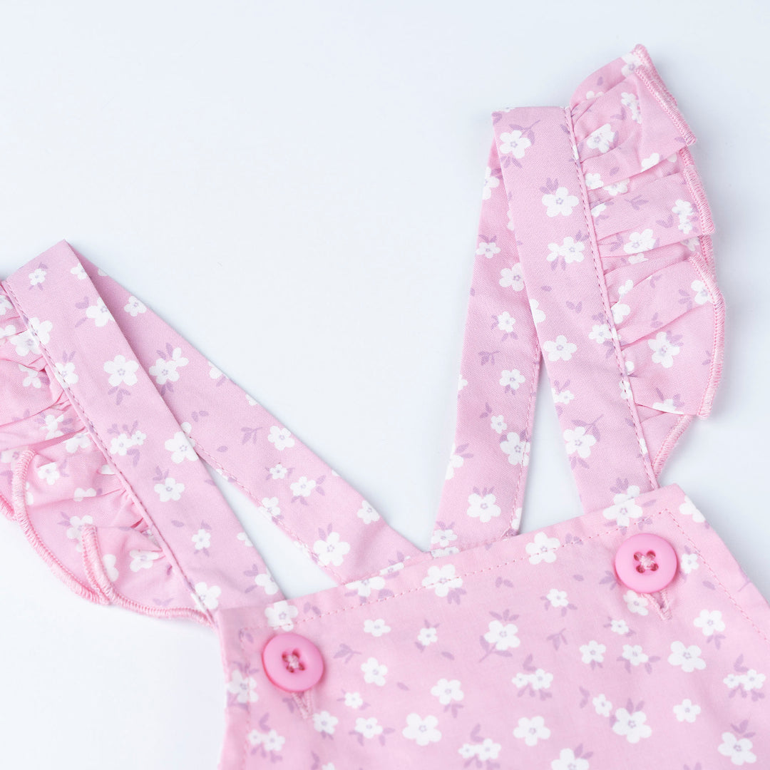 Cream Short Sleeves Top and Floral Print Dungaree Set