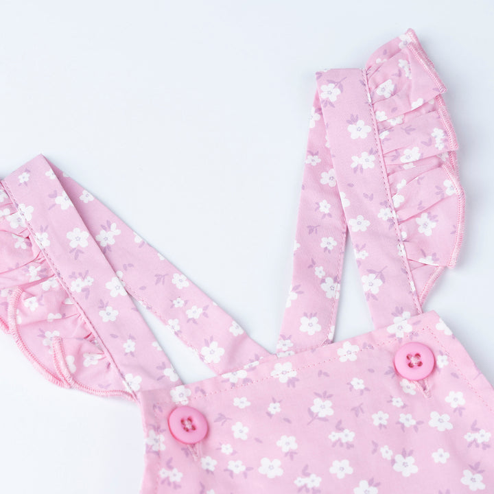 Cream Short Sleeves Top and Floral Print Dungaree Set