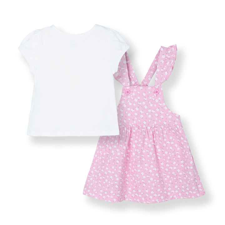 Cream Short Sleeves Top and Floral Print Dungaree Set