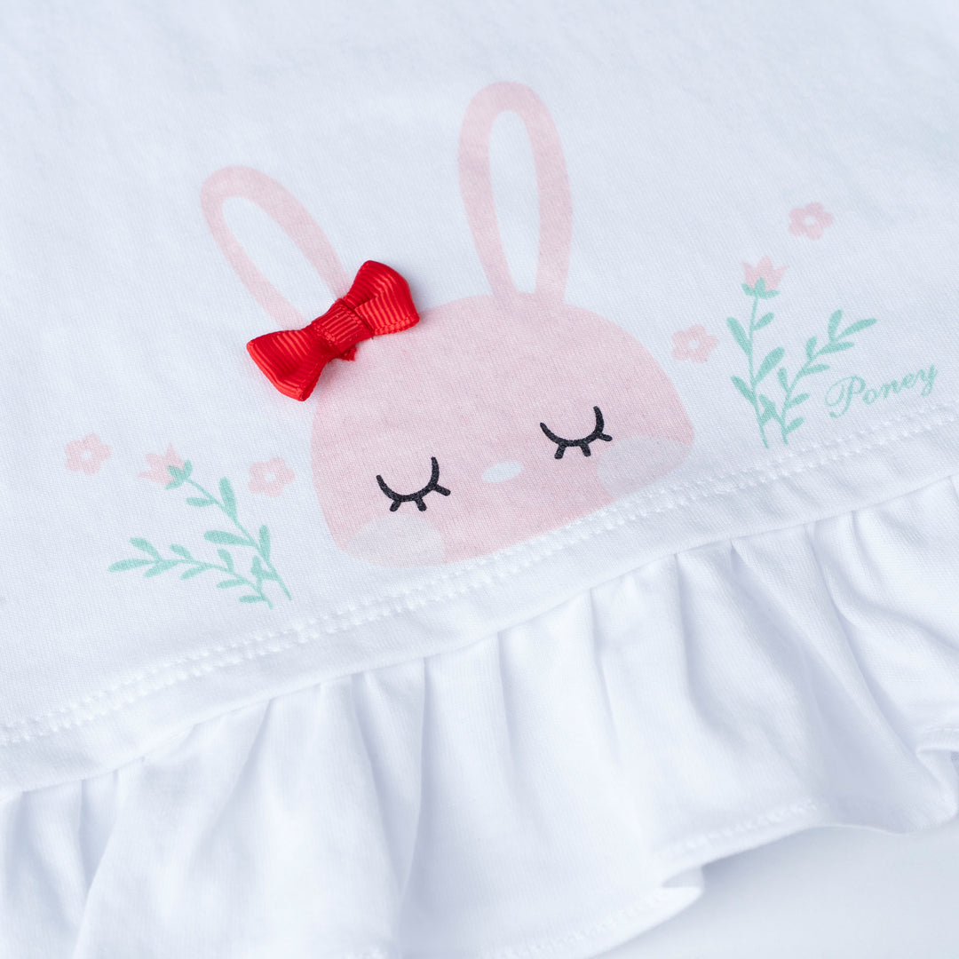 White Dotted with Bunny Prints Long Sleeve Top and Skirt Set