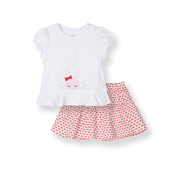 White Dotted with Bunny Prints Long Sleeve Top and Skirt Set