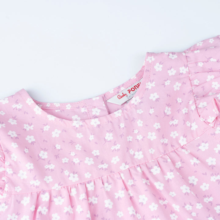 Light Purple Floral Print 2 Tier Blouse and Flower Print Long Pants Set