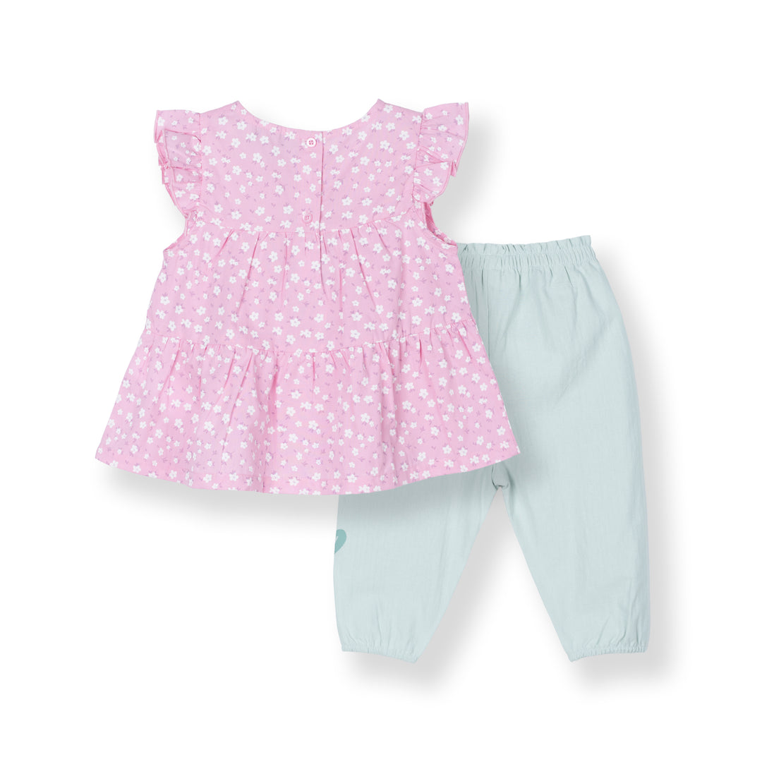 Light Purple Floral Print 2 Tier Blouse and Flower Print Long Pants Set