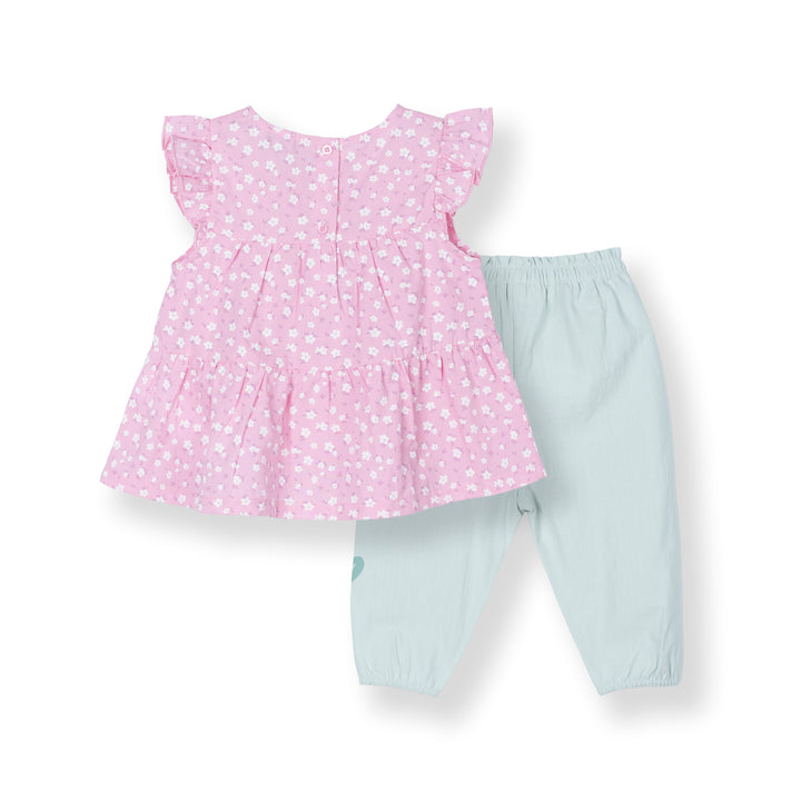 Light Purple Floral Print 2 Tier Blouse and Flower Print Long Pants Set