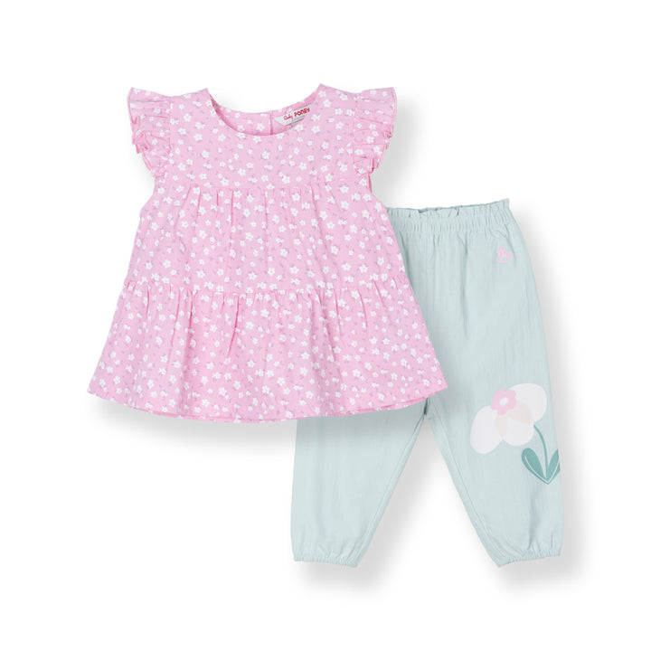 Light Purple Floral Print 2 Tier Blouse and Flower Print Long Pants Set