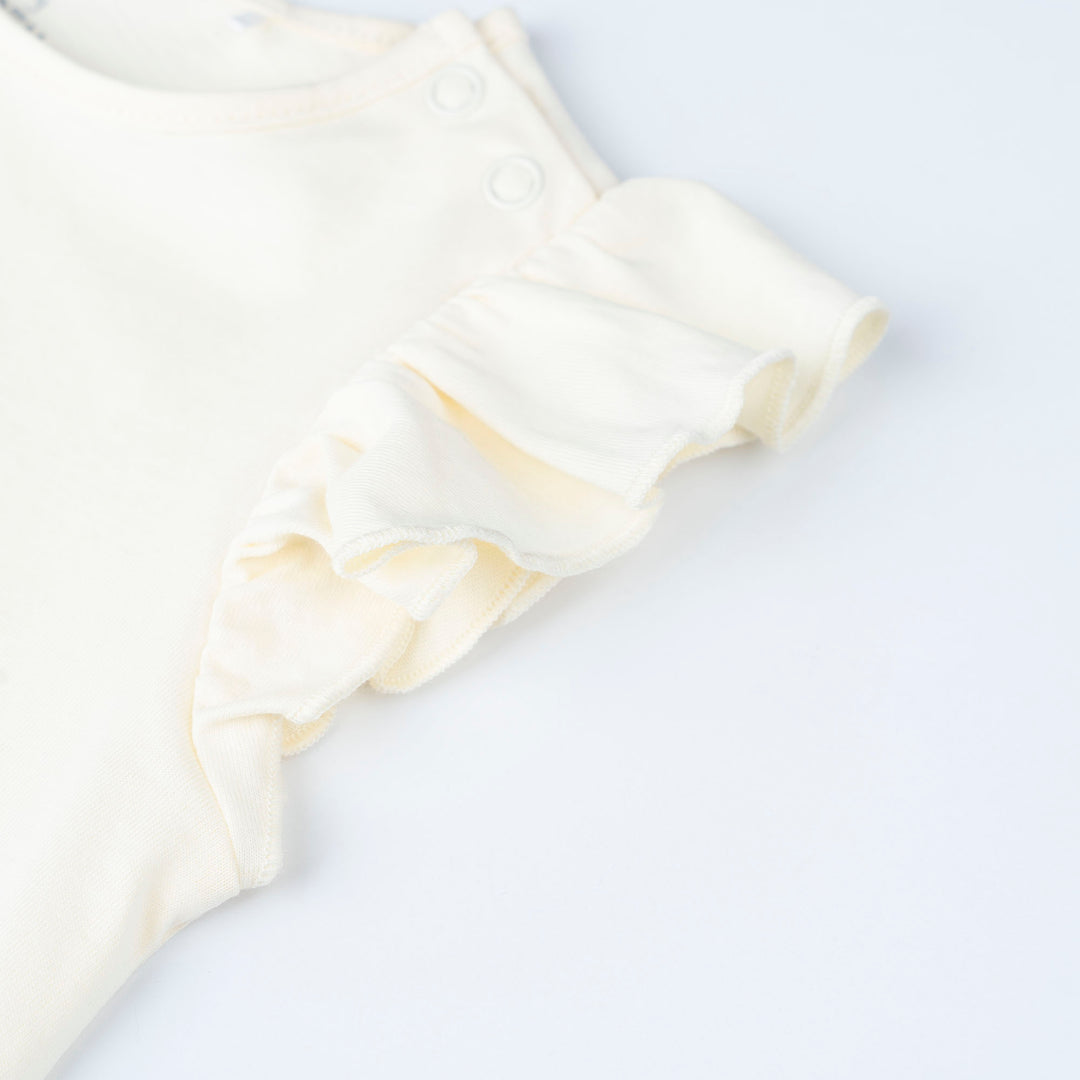 Cream Ruffles Sleeve Top and Flower Print Dungaree Set