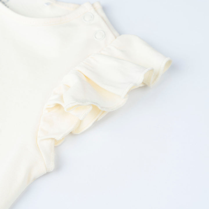 Cream Ruffles Sleeve Top and Flower Print Dungaree Set