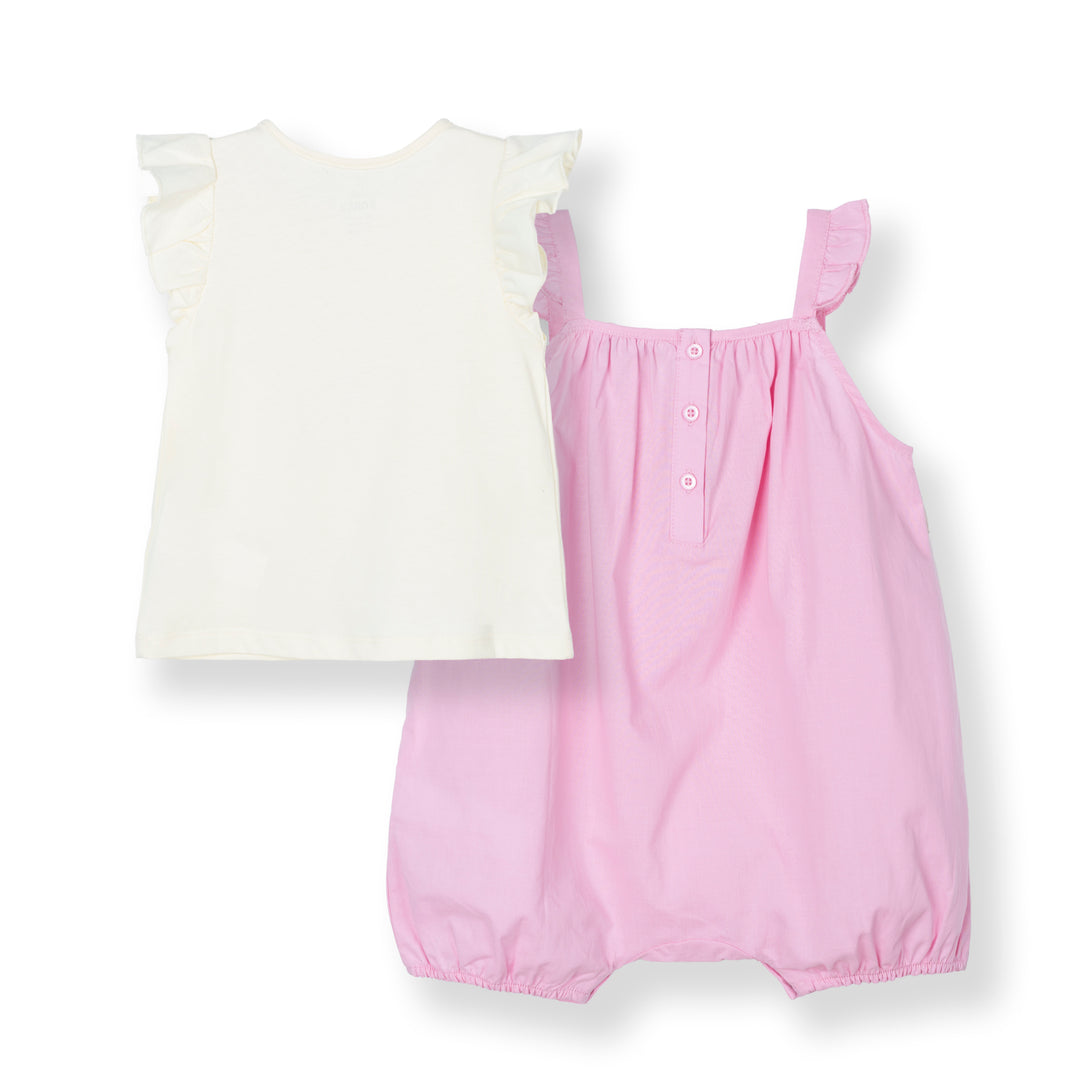 Cream Ruffles Sleeve Top and Flower Print Dungaree Set
