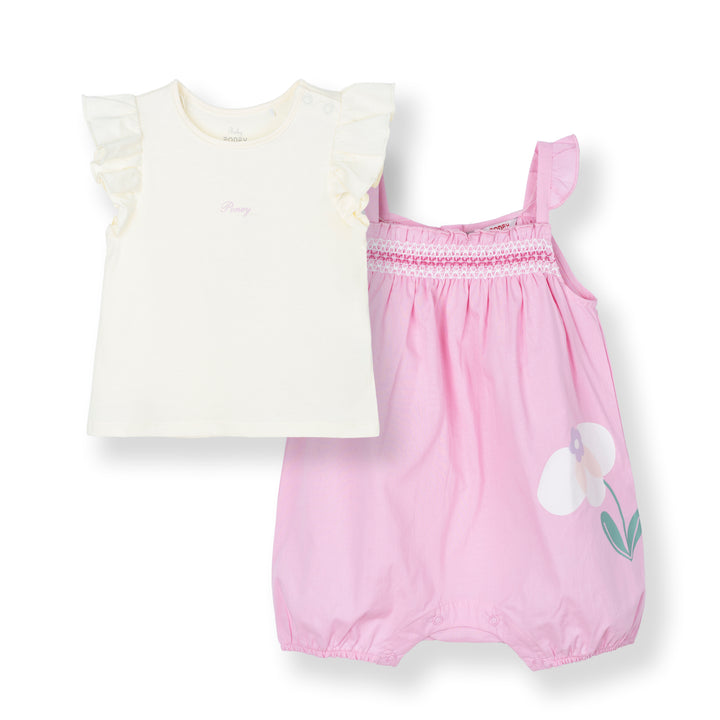 Cream Ruffles Sleeve Top and Flower Print Dungaree Set