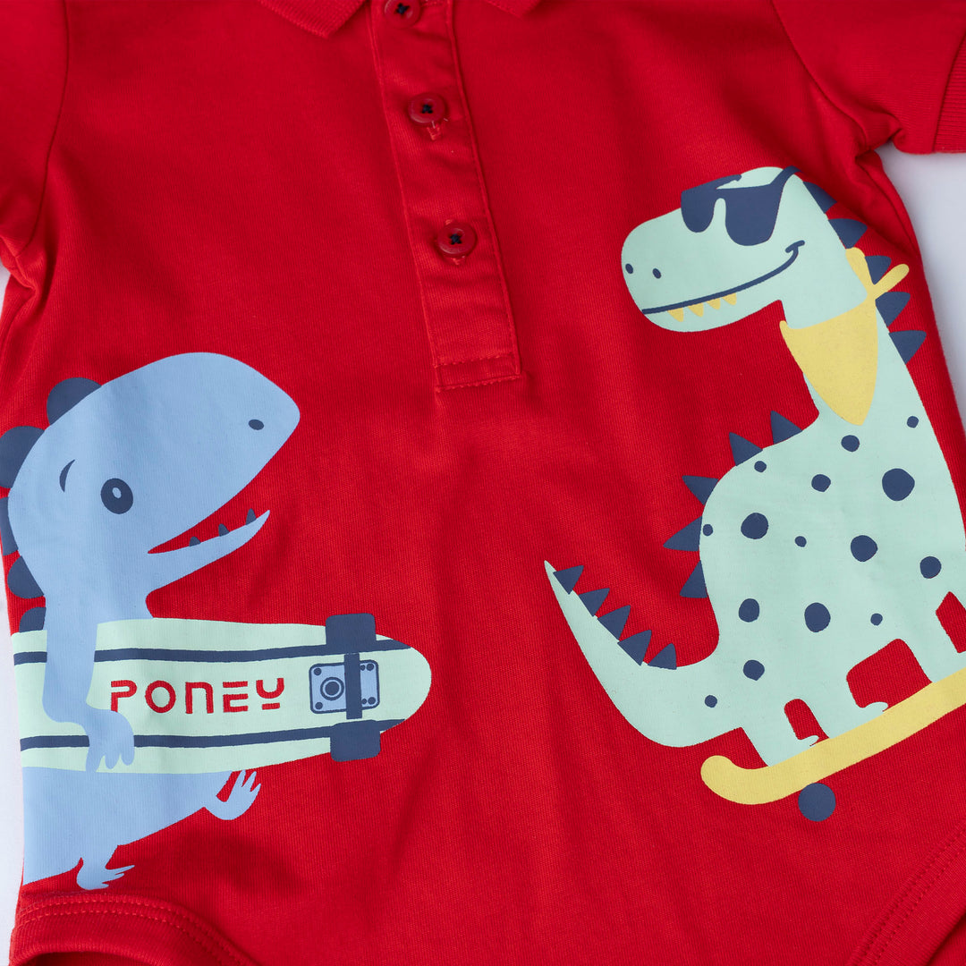 Short Sleeve Polo Bodysuit Dino Red