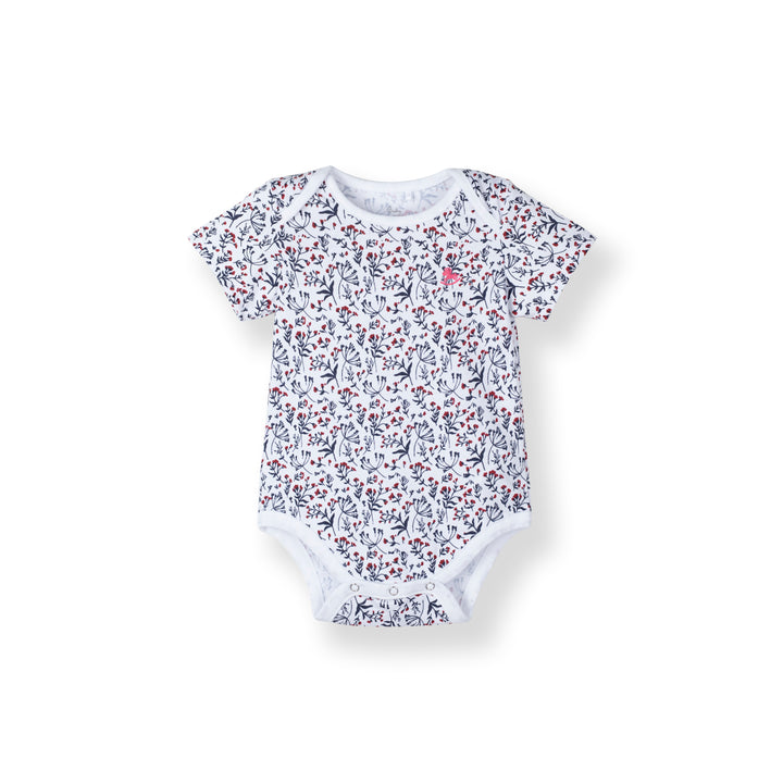 Poney Baby Girls White Tiny Flowers Short Sleeve Bodysuit