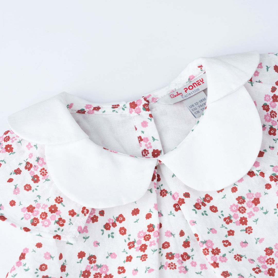 Baby Poney Girls Red Floral Pleated Short Sleeve Frill Blouse