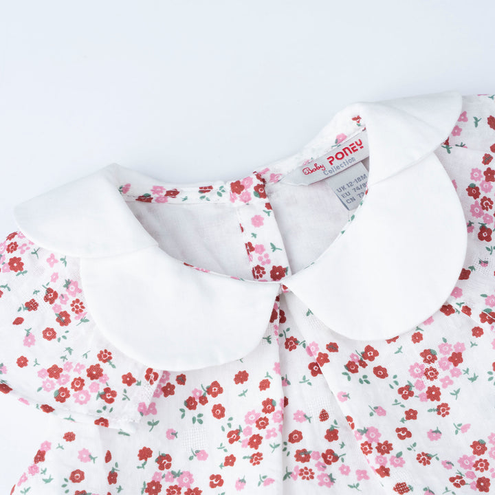 Baby Poney Girls Red Floral Pleated Short Sleeve Frill Blouse