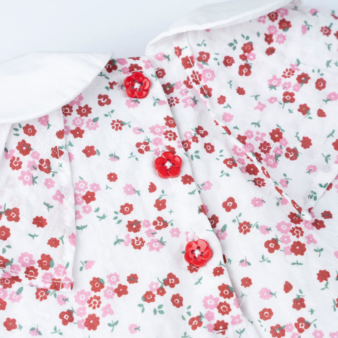 Baby Poney Girls Red Floral Pleated Short Sleeve Frill Blouse