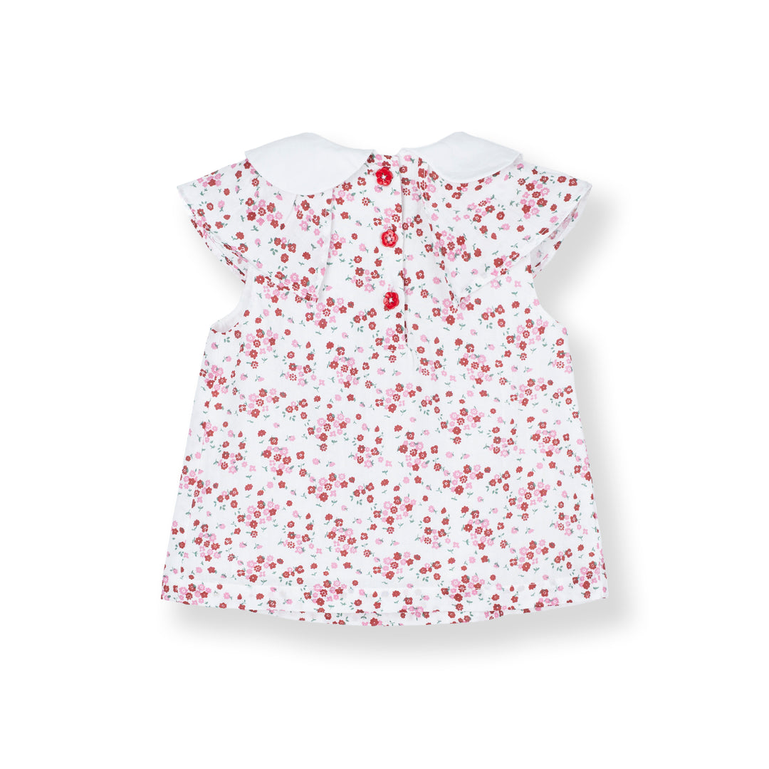 Baby Poney Girls Red Floral Pleated Short Sleeve Frill Blouse