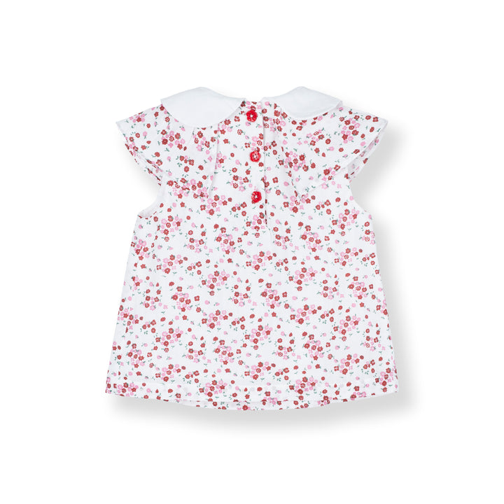 Baby Poney Girls Red Floral Pleated Short Sleeve Frill Blouse