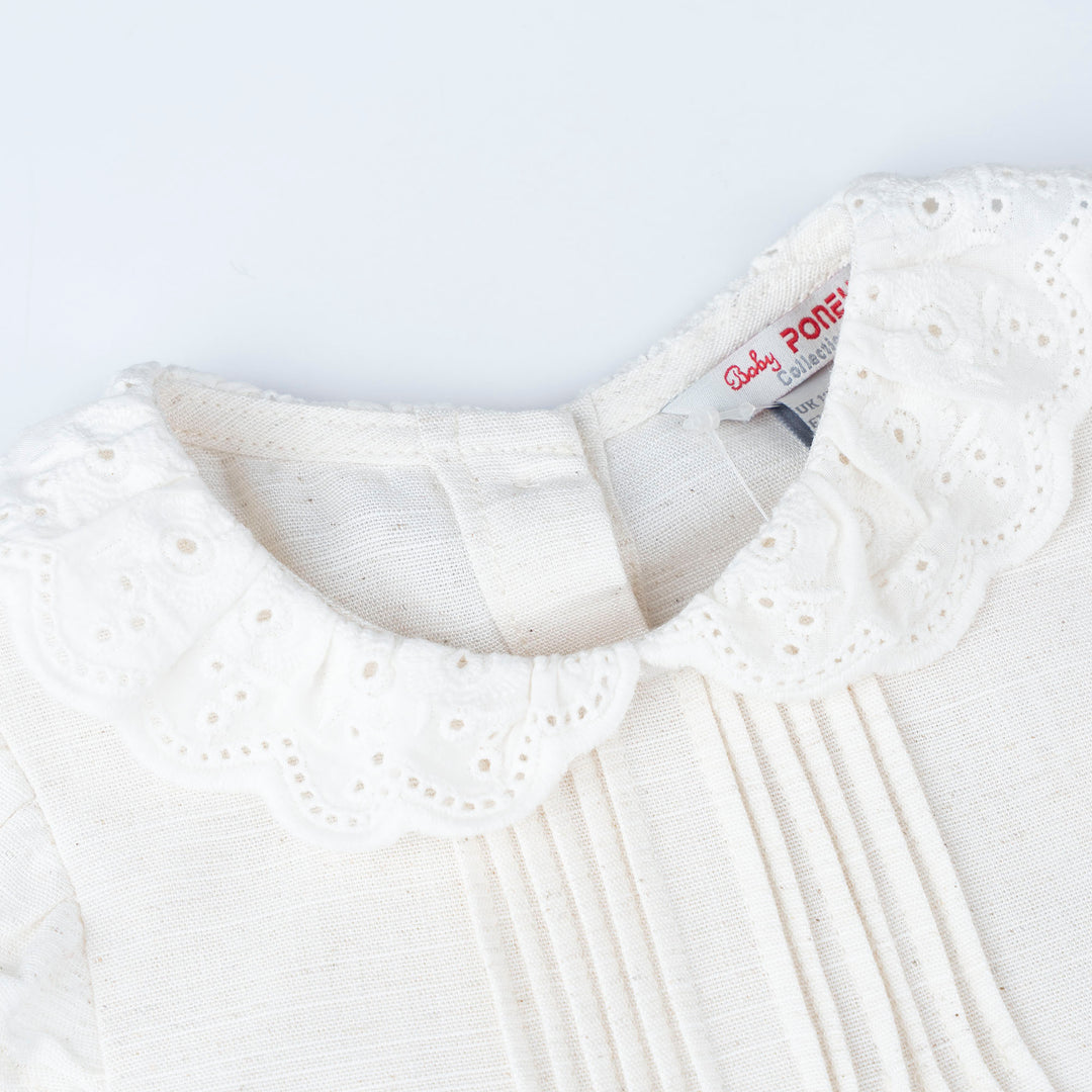 Baby Poney Girls Cream Lace Collar Pintucks Ruffled Short Sleeve Blouse