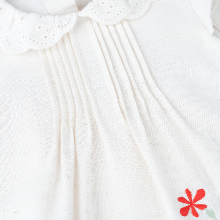 Baby Poney Girls Cream Lace Collar Pintucks Ruffled Short Sleeve Blouse