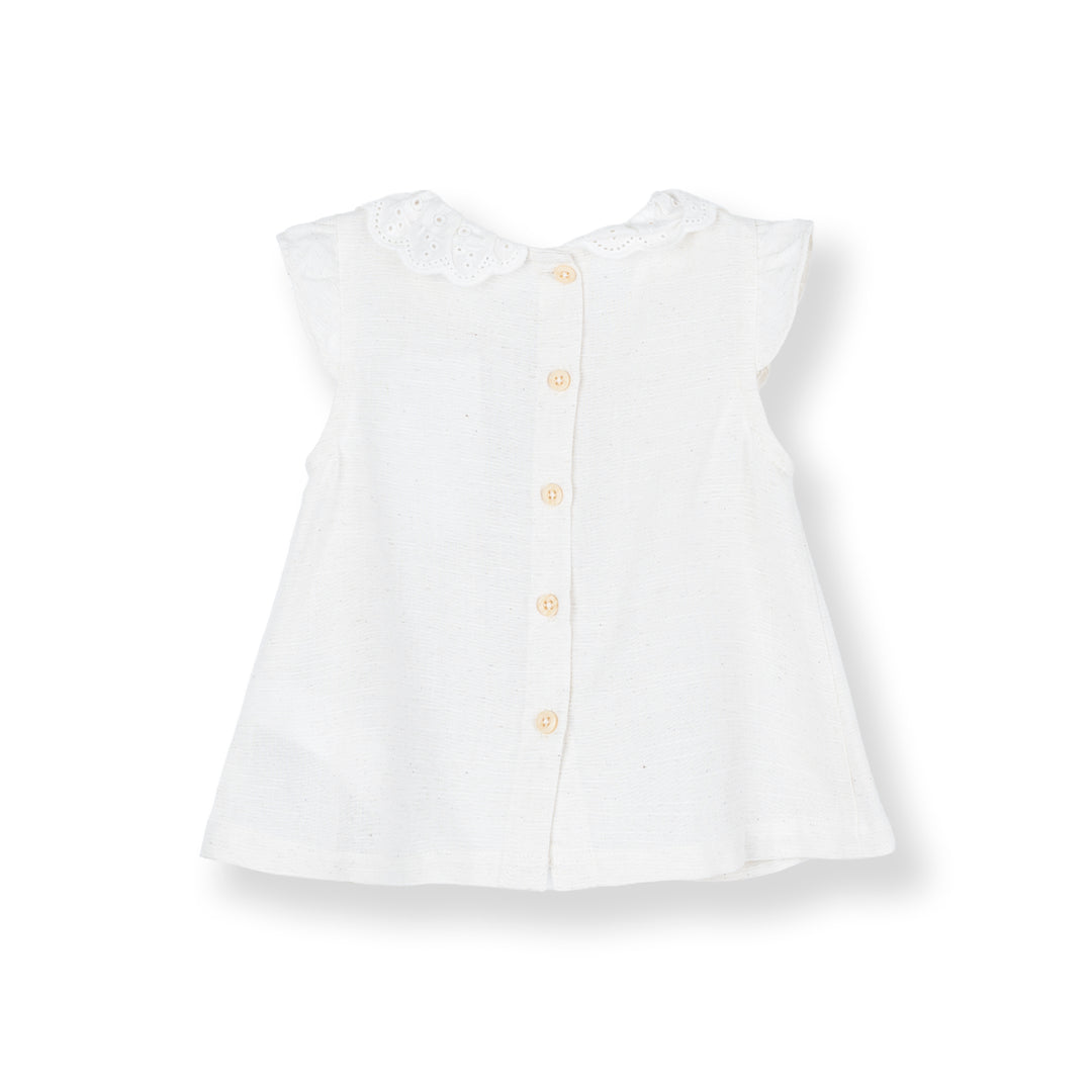 Baby Poney Girls Cream Lace Collar Pintucks Ruffled Short Sleeve Blouse