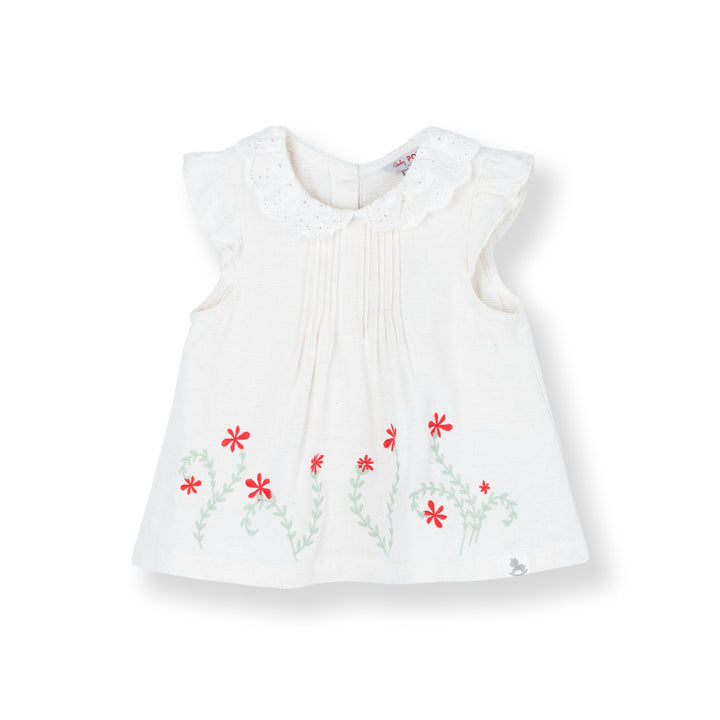 Baby Poney Girls Cream Lace Collar Pintucks Ruffled Short Sleeve Blouse