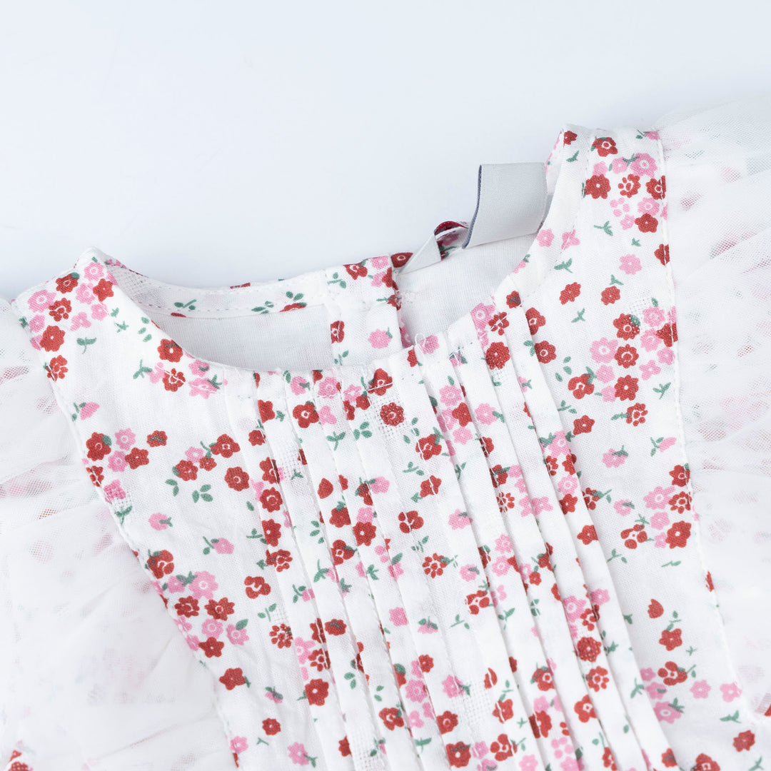 Baby Poney Girls Red Floral Round Neck Ruffled Short Sleeve Dress