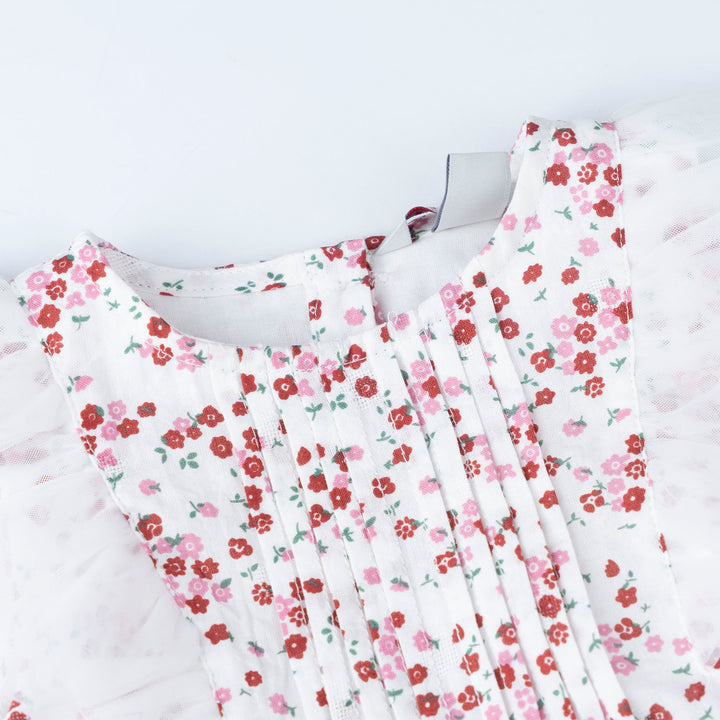 Baby Poney Girls Red Floral Round Neck Ruffled Short Sleeve Dress