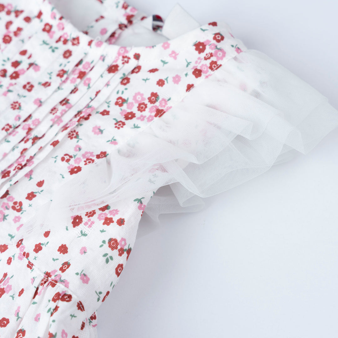 Baby Poney Girls Red Floral Round Neck Ruffled Short Sleeve Dress