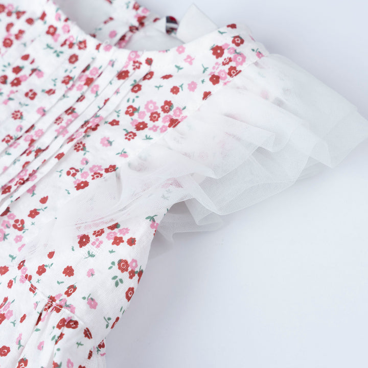 Baby Poney Girls Red Floral Round Neck Ruffled Short Sleeve Dress