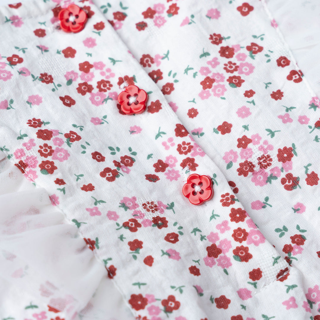 Baby Poney Girls Red Floral Round Neck Ruffled Short Sleeve Dress