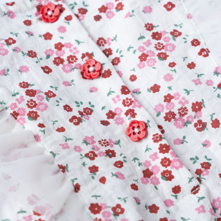 Baby Poney Girls Red Floral Round Neck Ruffled Short Sleeve Dress