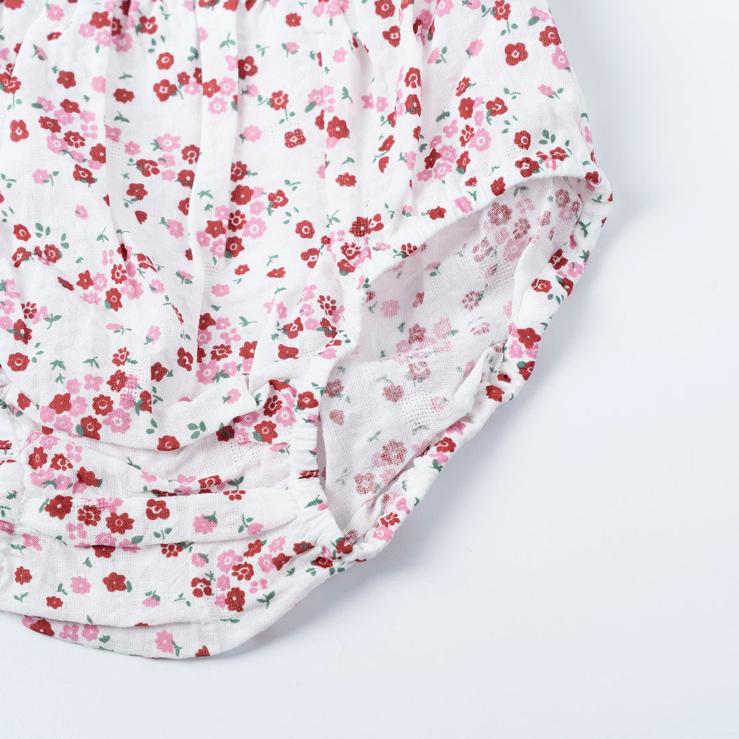 Baby Poney Girls Red Floral Round Neck Ruffled Short Sleeve Dress