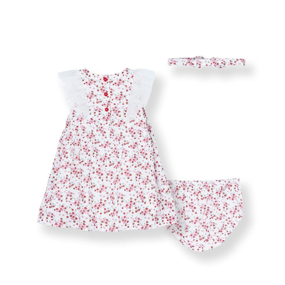 Baby Poney Girls Red Floral Round Neck Ruffled Short Sleeve Dress